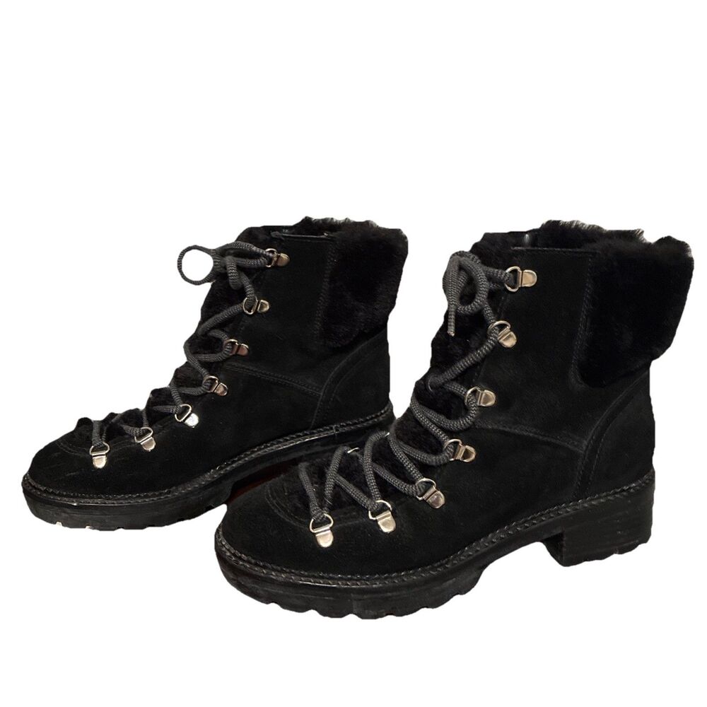 Marc Fisher Women's Black Leather Faux Fur Winter Lace Up Boots 8M
